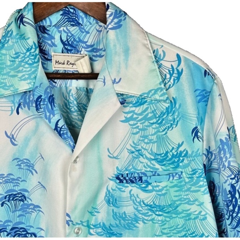 Vintage 70s Mark Rayten Hawaiian Shirt Mens Large Blue Tropical Palm Tree Aloha